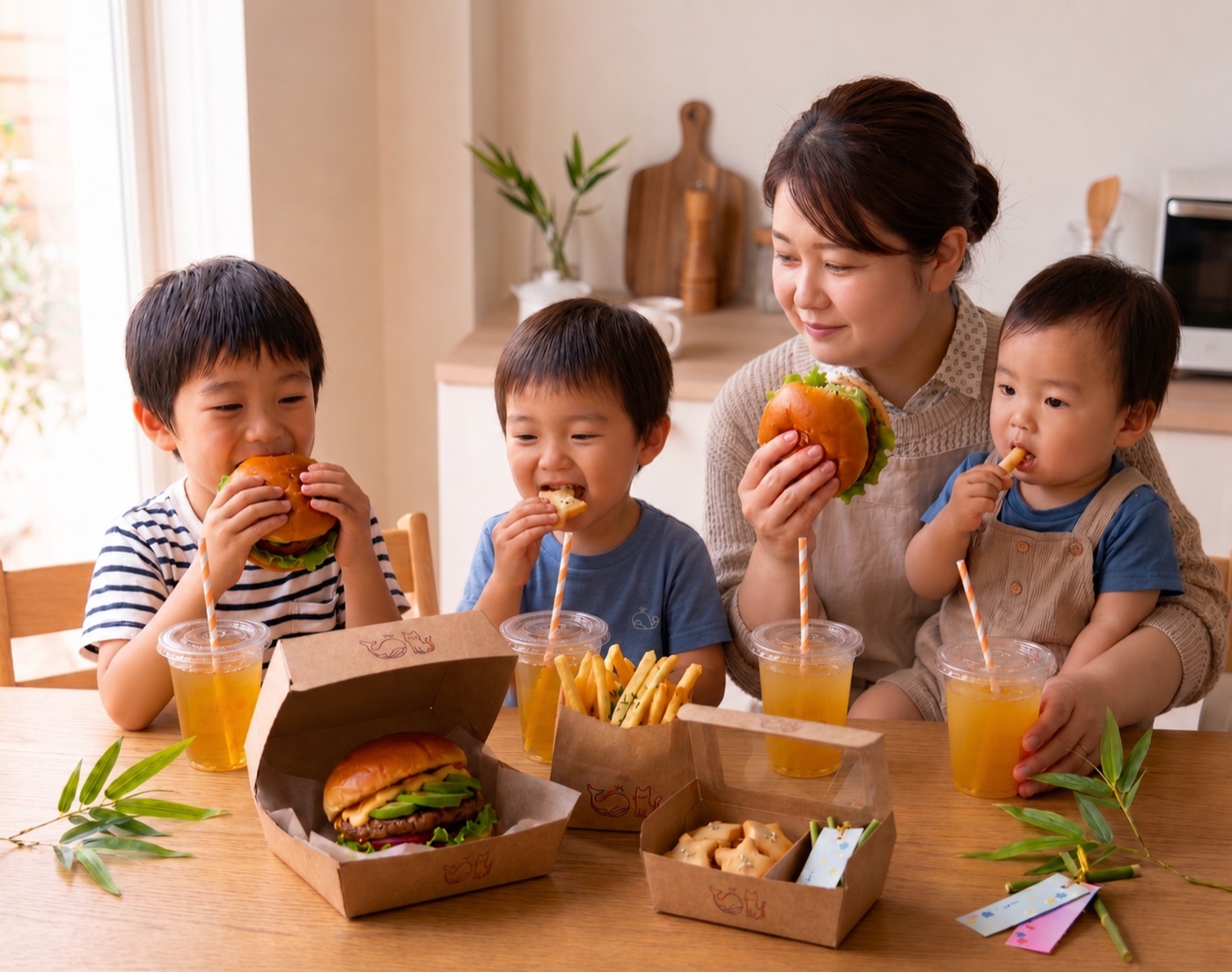 家族でハンバーガーを楽しむ様子